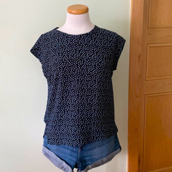 Mango Navy Blue Crew Neck Top With White & Light Blue Specs, Size XS - Picture 2 of 14